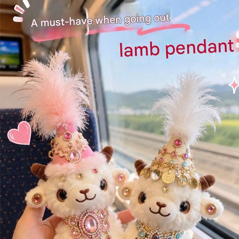 Sheep-shaped design Plush Keychain（Green pointed hat + beige coat） - Soft view 6