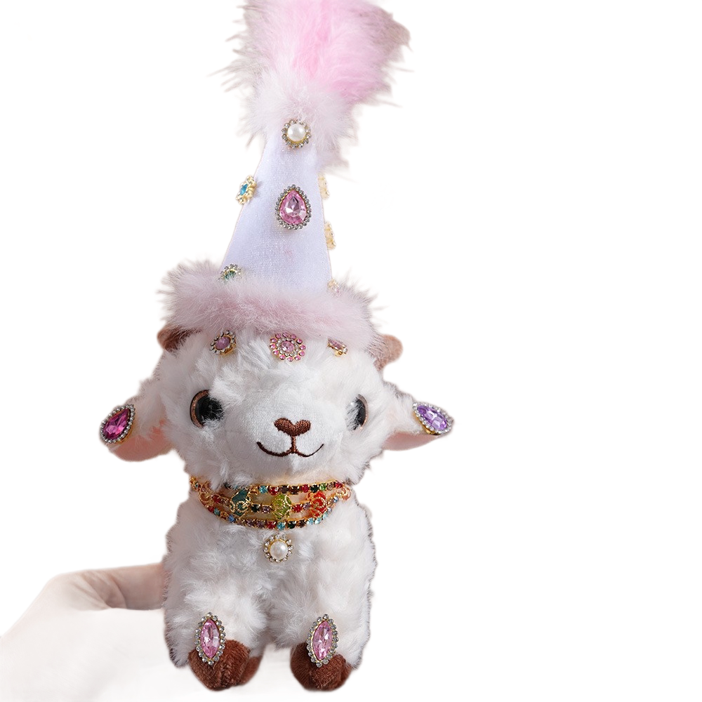 Sheep-shaped design Plush Keychain（Pink and white pointed hat + three-strand