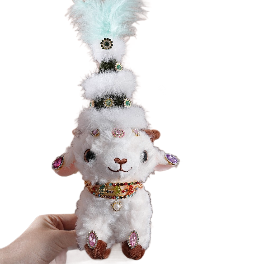 Sheep-shaped design Plush Keychain(Green pointed hat + three-strand diamond