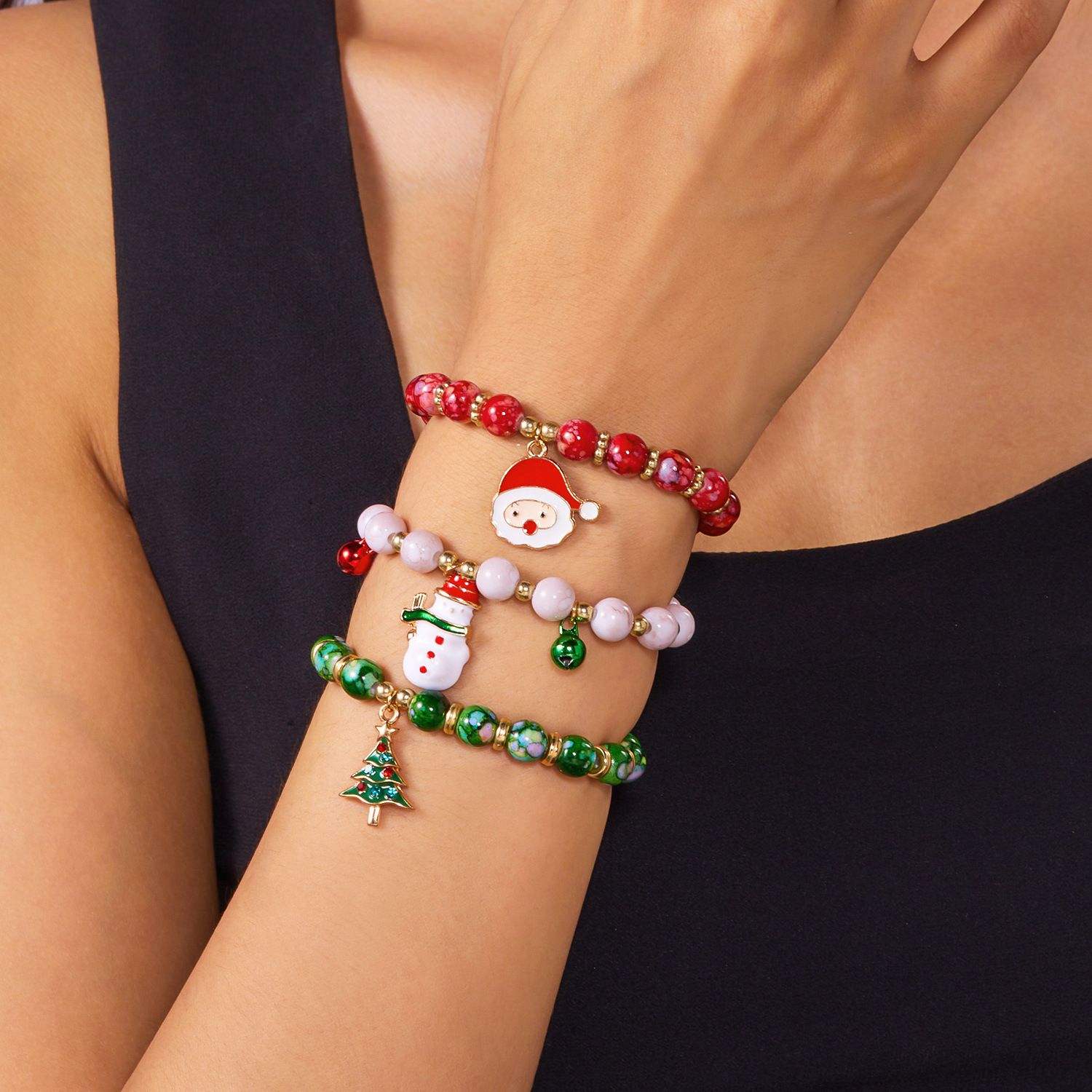 3-Pack Style 1 Christmas Charm Beaded Bracelet Set - Festive Alloy and Acrylic view 7