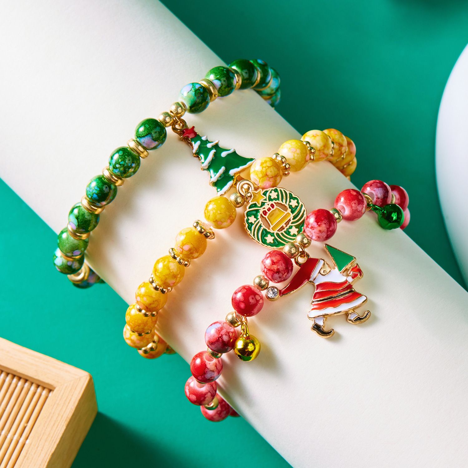 3-Pack Style 2 Christmas Charm Beaded Bracelet Set - Festive Alloy and Acrylic view 2