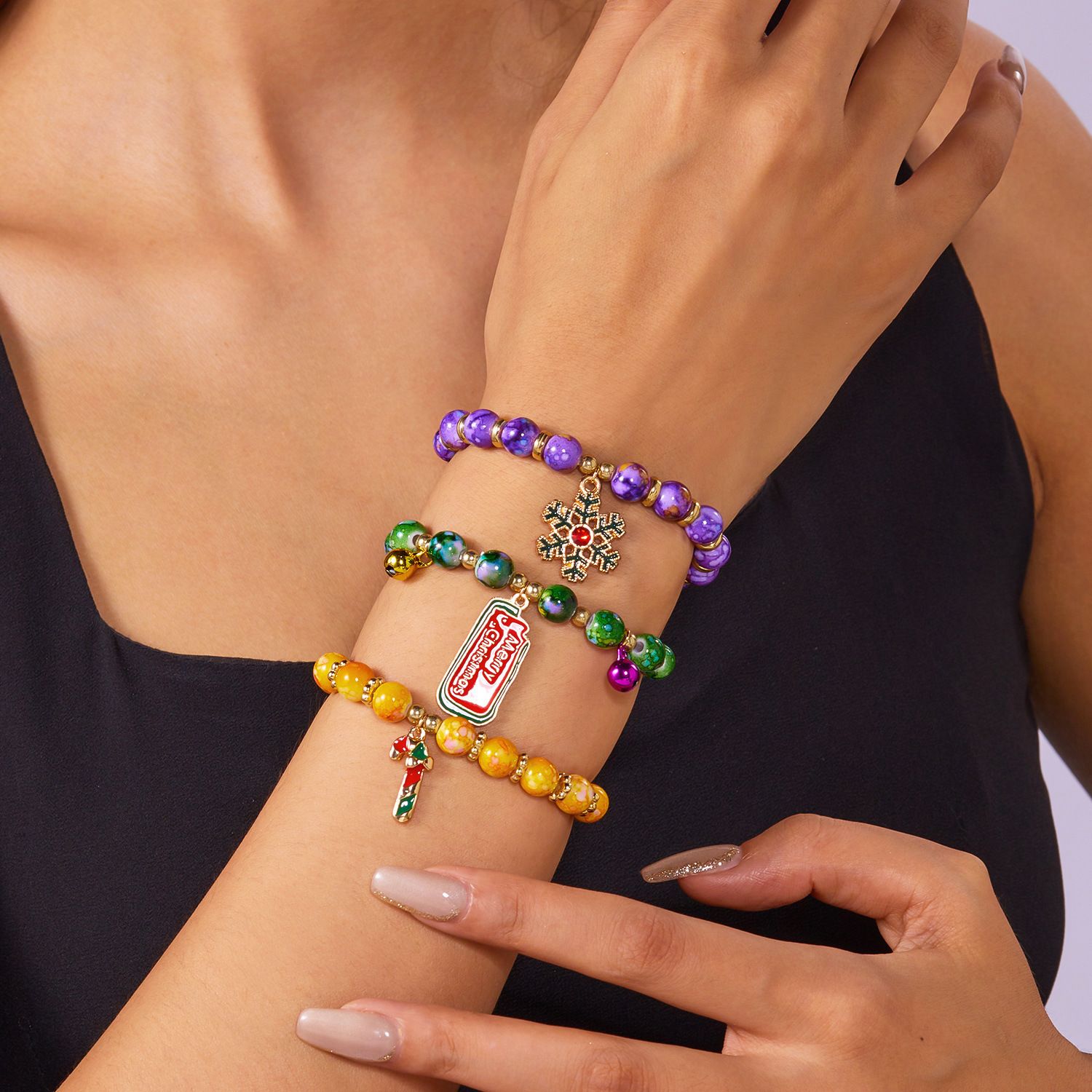 3-Pack Style 3 Christmas Charm Beaded Bracelet Set - Festive Alloy and Acrylic view 3