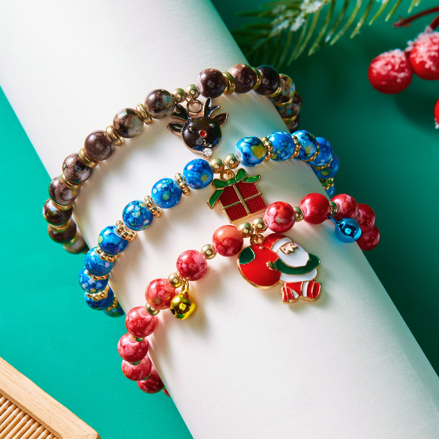 3-Pack Style 4 Christmas Charm Beaded Bracelet Set - Festive Alloy and Acrylic view 2
