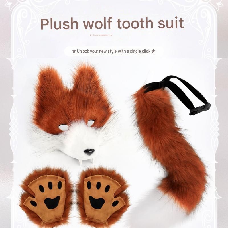 Straw-yellow Furry Animal Cosplay Half Suit Set - Fox Mask with Detachable Fangs view 2
