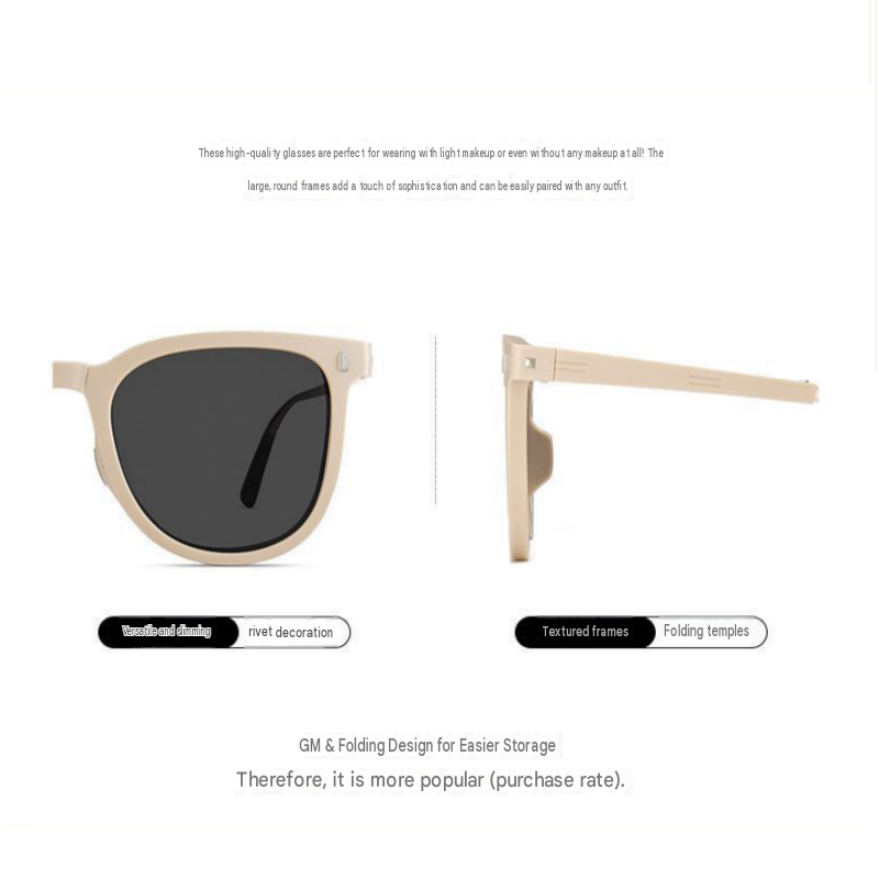 Black Foldable Sunglasses for Women - Protection Fashion Square Round Frame view 3