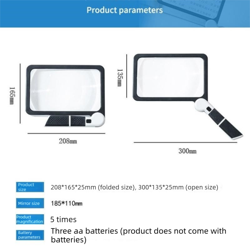 Black Blue Foldable LED Magnifying Glass with Light - 5X Large Rectangular Lens view 4