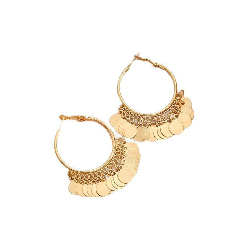 2 pairs Gold Coin Tassel Hoop Earrings - 6cm Statement Dangle Earrings with — image 1