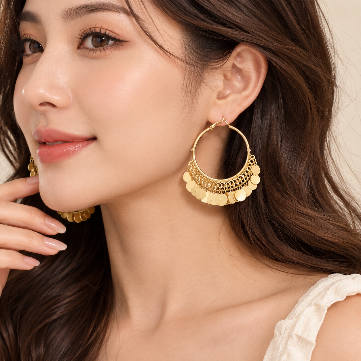 2 pairs Gold Coin Tassel Hoop Earrings - 6cm Statement Dangle Earrings with view 4