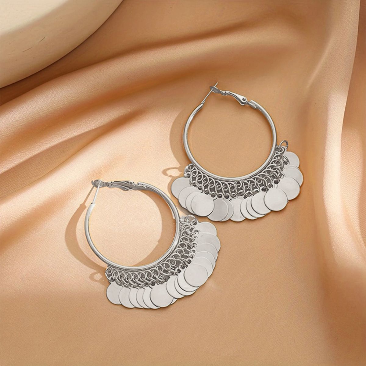 2 pairs Silver Coin Tassel Hoop Earrings - 6cm Statement Dangle Earrings with view 2