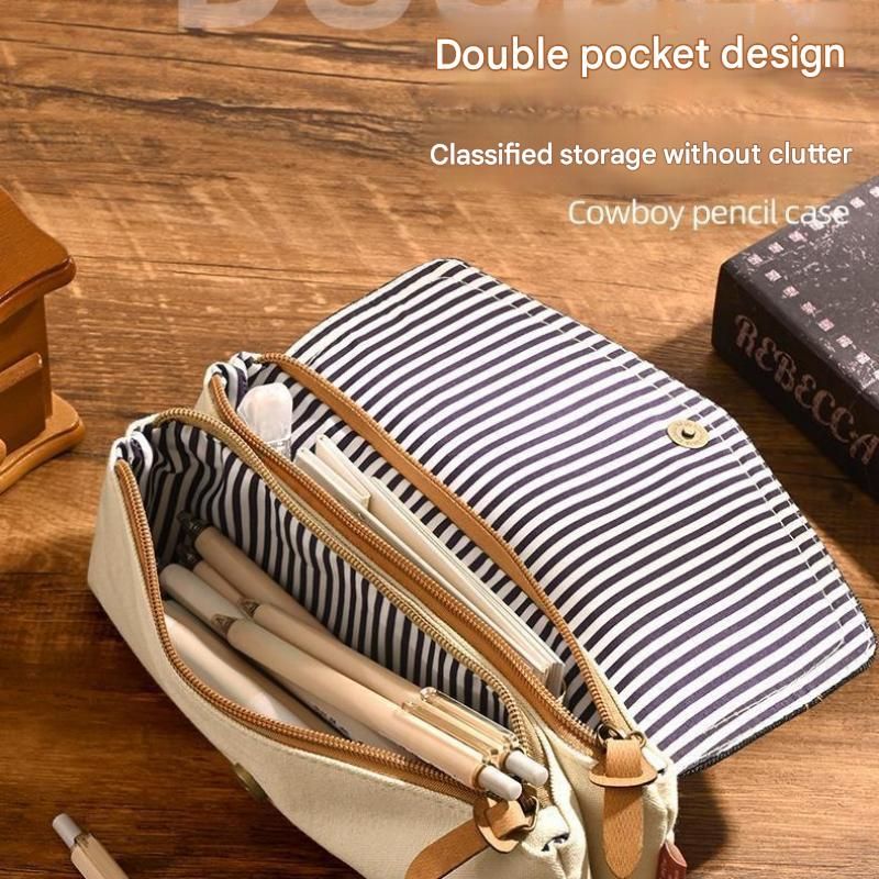Black Vintage Denim Pencil Case - Large Capacity Canvas Pen Holder with Double view 2