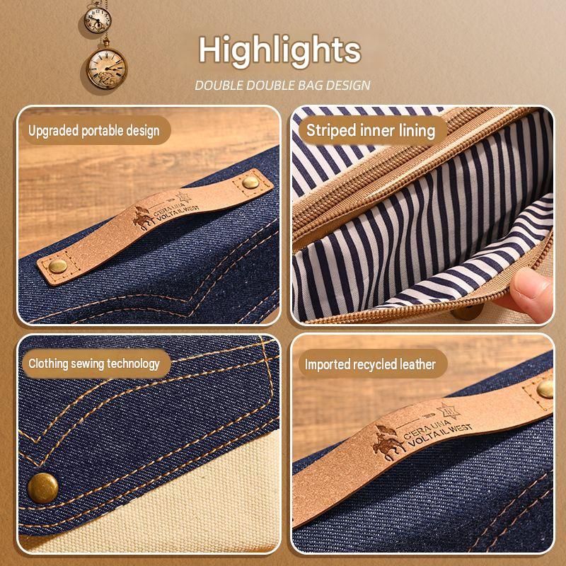 Black Vintage Denim Pencil Case - Large Capacity Canvas Pen Holder with Double view 3