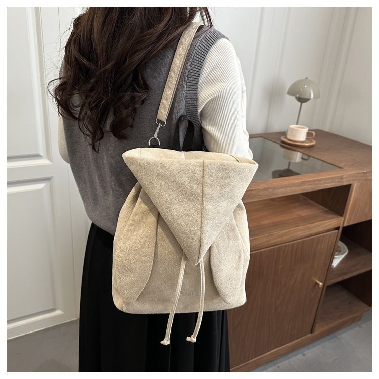 Khaki Suede Drawstring Backpack - Lightweight Convertible with Top Handle view 8