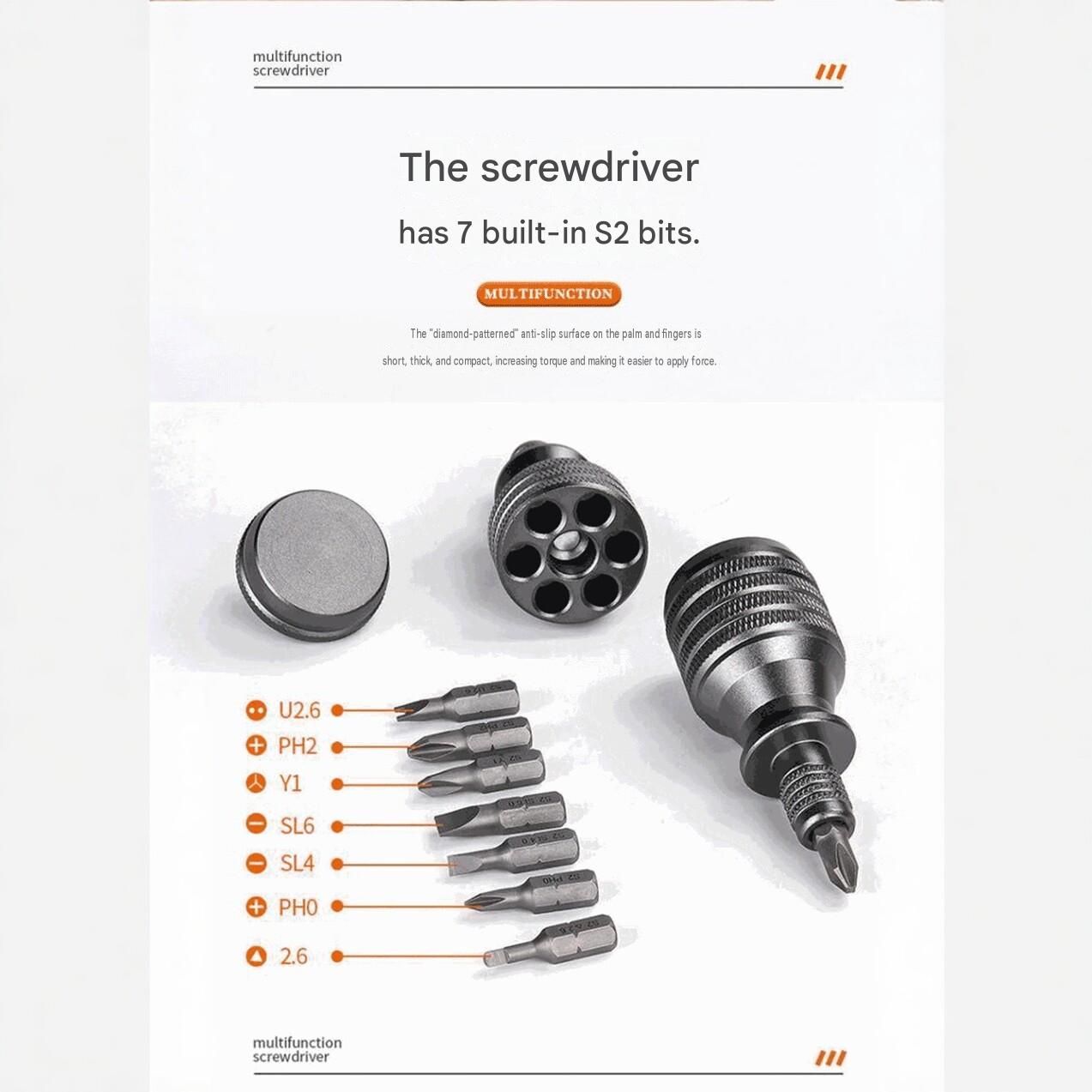 7-in-1 Aluminium Alloy Multi-Bit Screwdriver - Compact S2 Steel Bit Set with view 5