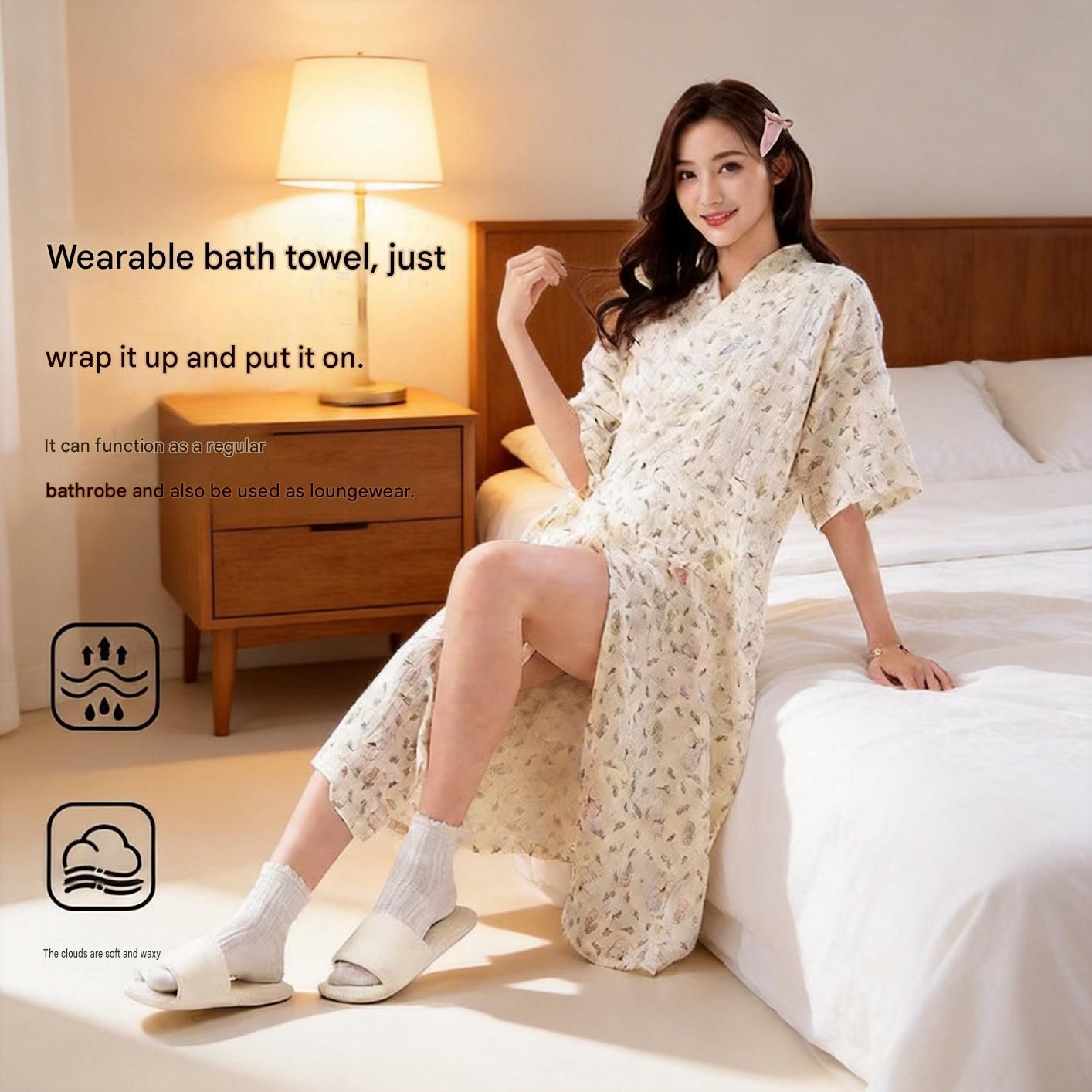 Women's Lightweight Muslin Bath Robe（Rabbit print） - Breathable Cotton Gauze view 2