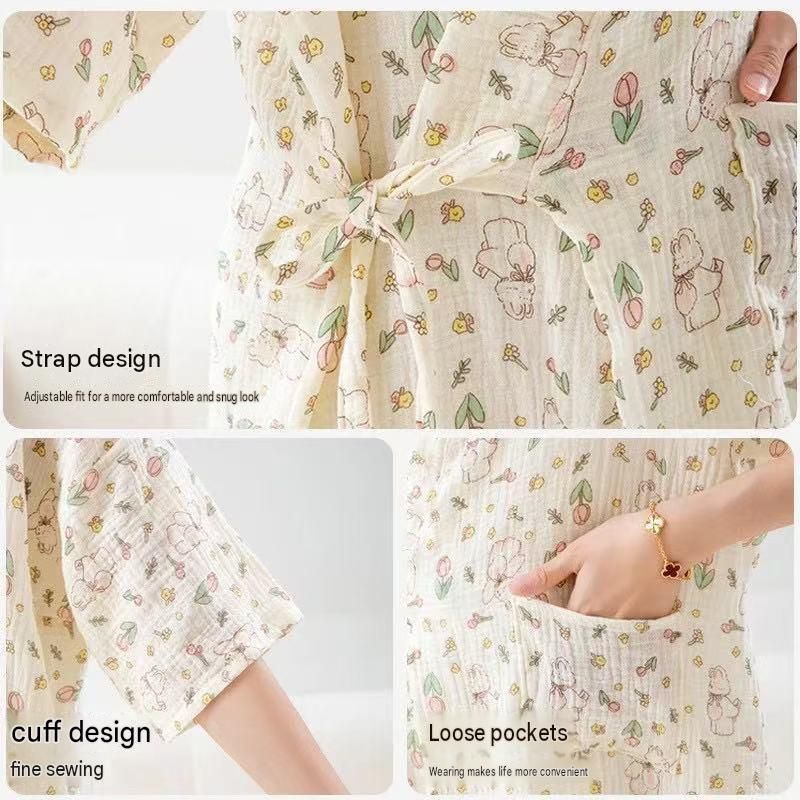 Women's Lightweight Muslin Bath Robe（Rabbit print） - Breathable Cotton Gauze view 5