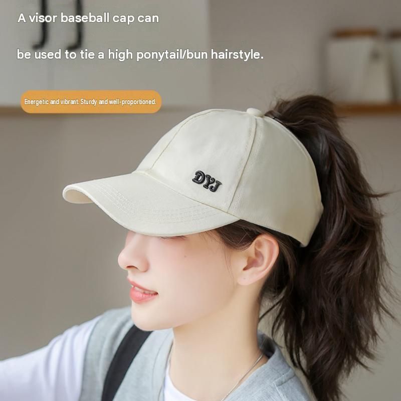 Beige Women's Ponytail Baseball Cap - Adjustable Open Top Visor with Wide Brim view 2
