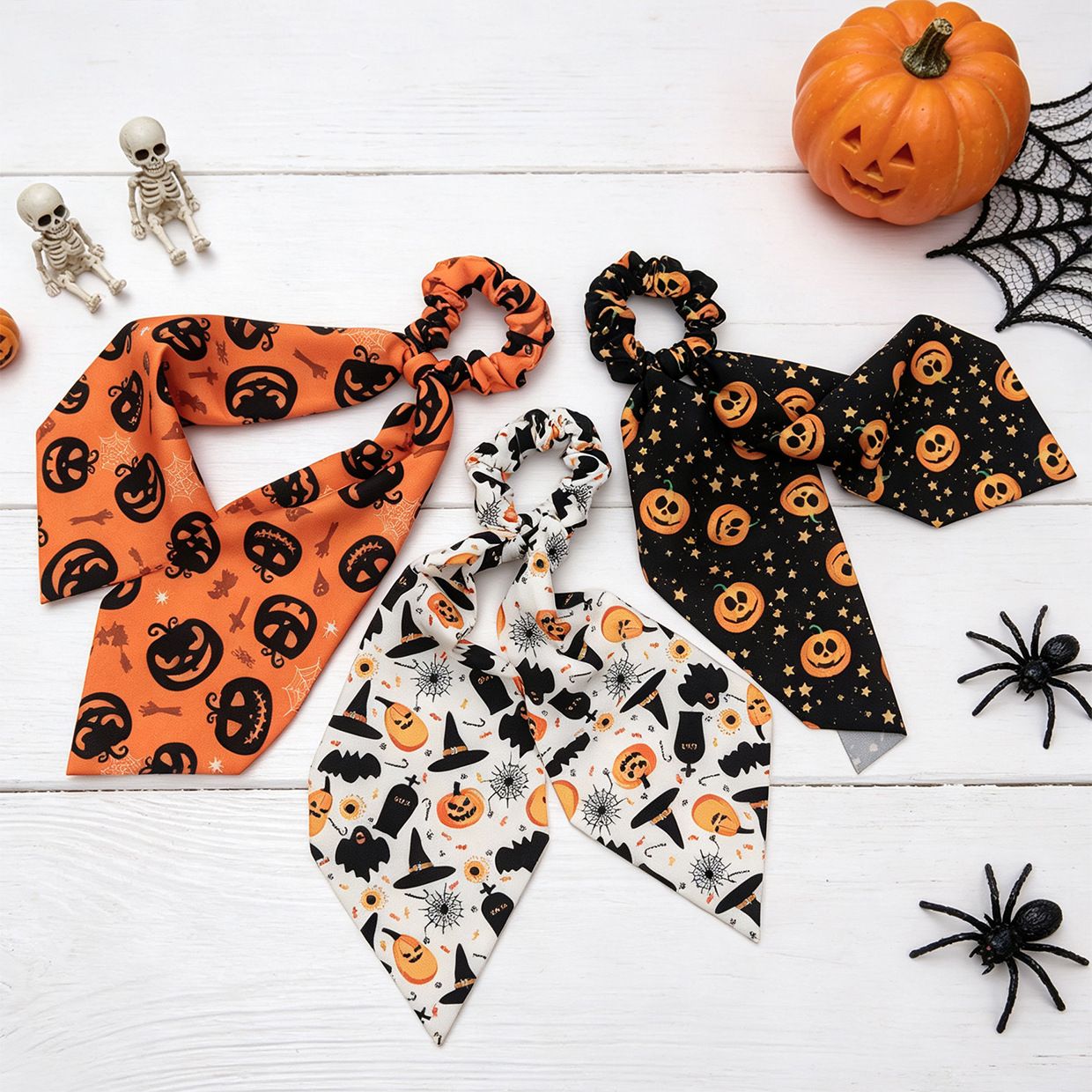 Black Halloween Hair Ties 3 Pack - Festive Pumpkin and Ghost Print Ribbon view 2