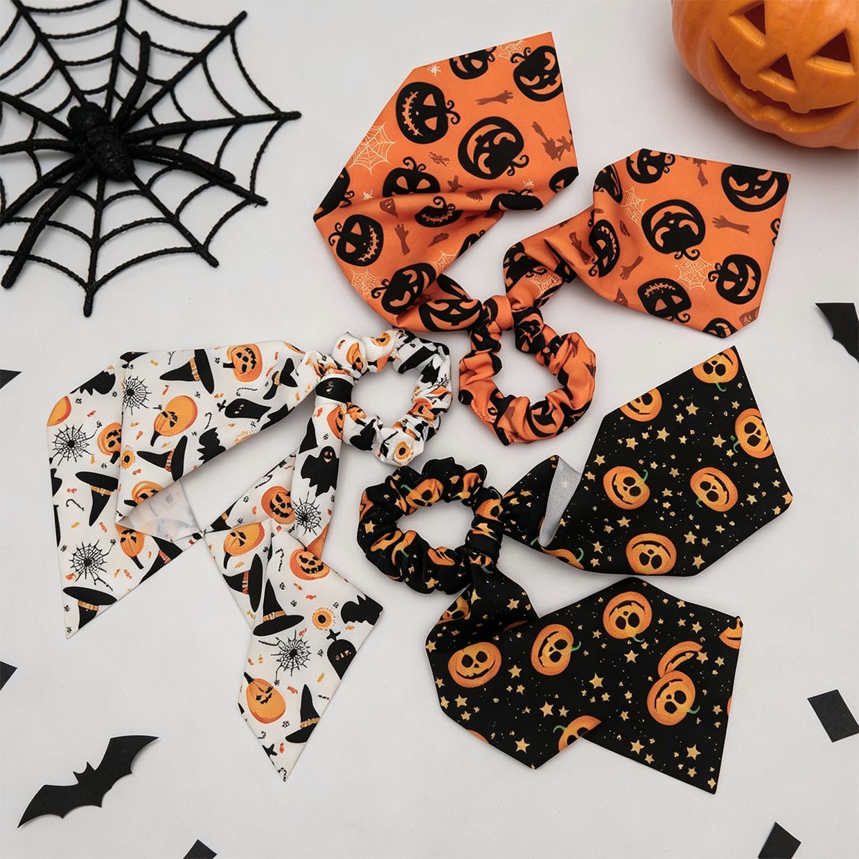 Black Halloween Hair Ties 3 Pack - Festive Pumpkin and Ghost Print Ribbon view 3