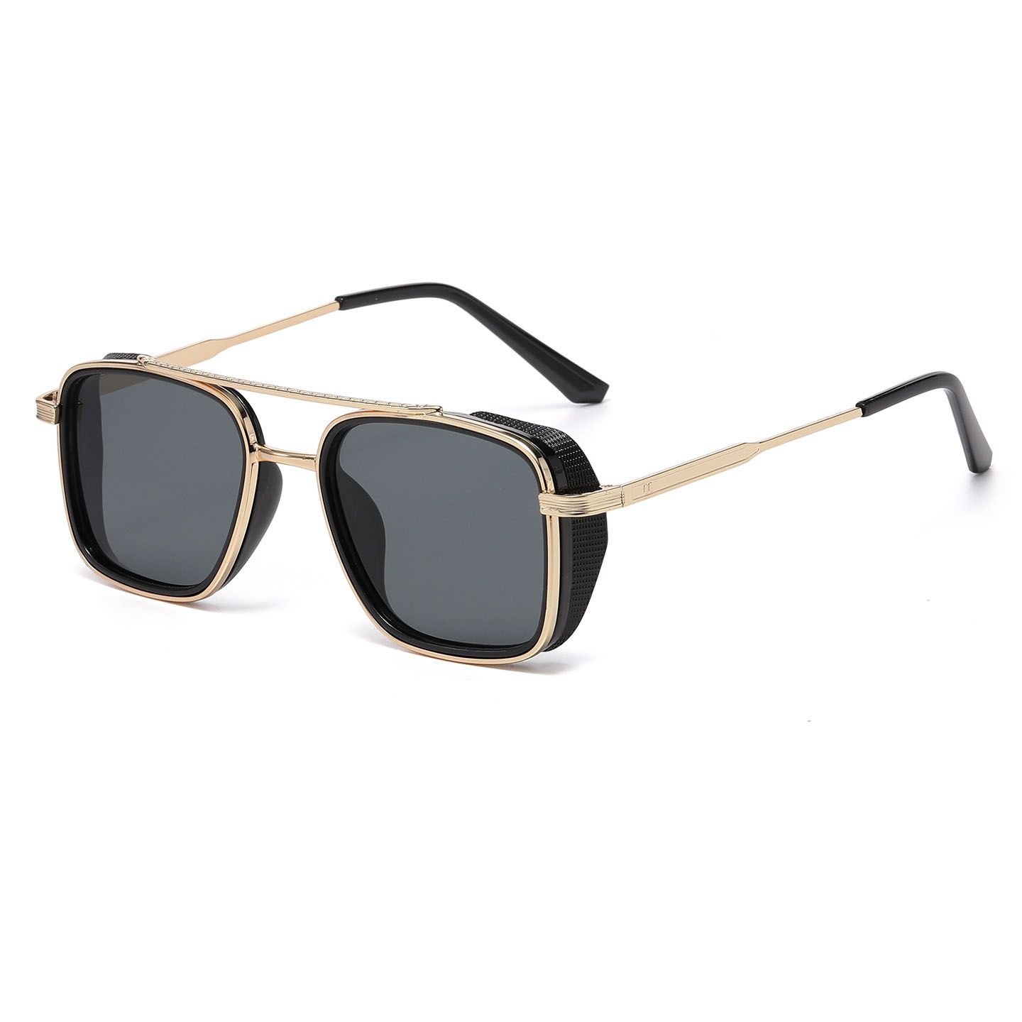 Men's Gold Metal Frame Black Grey Lens Sunglasses - Square Retro Style UV400