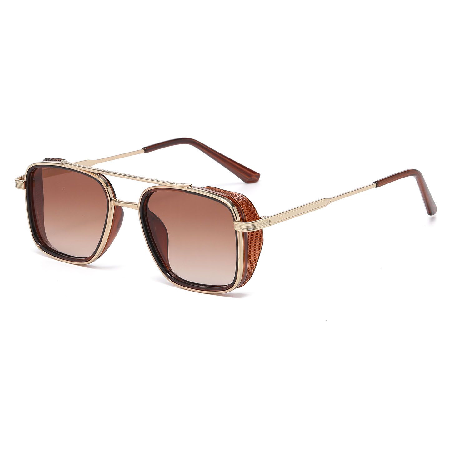 Men's Brown Metal Frame Brown Lens Sunglasses - Square Retro Style UV400