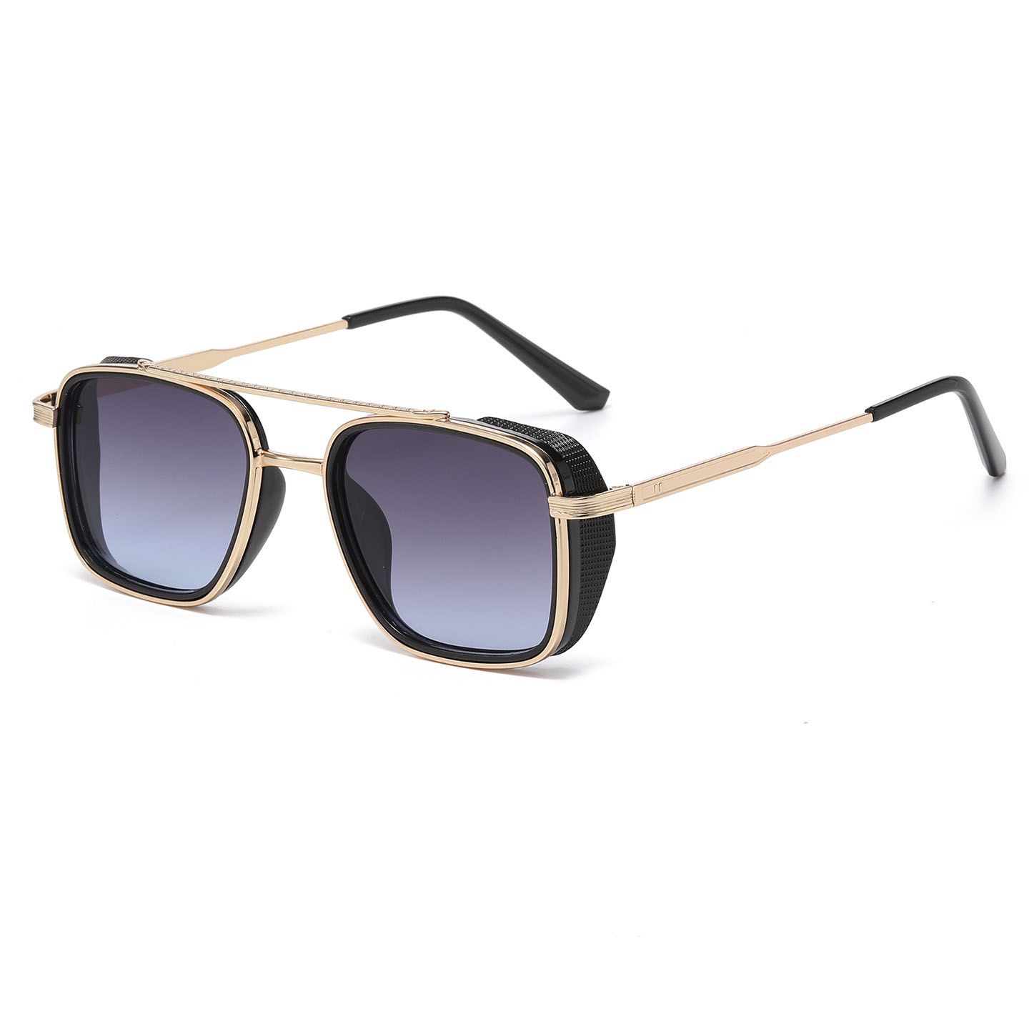 Men's Gold Metal Frame Grey To Blue Lens Sunglasses - Square Retro Style UV400