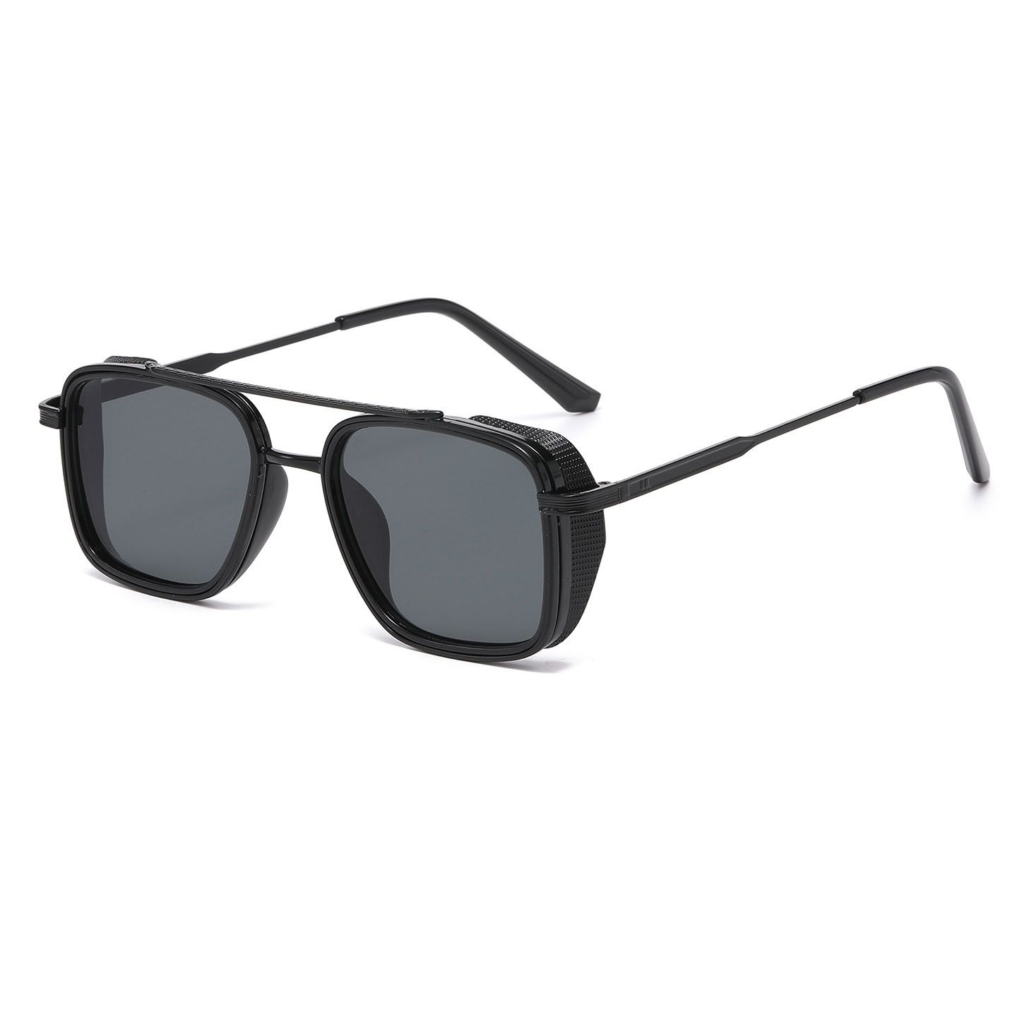 Men's Black Metal Frame Black Lens Sunglasses - Square Retro Style UV400