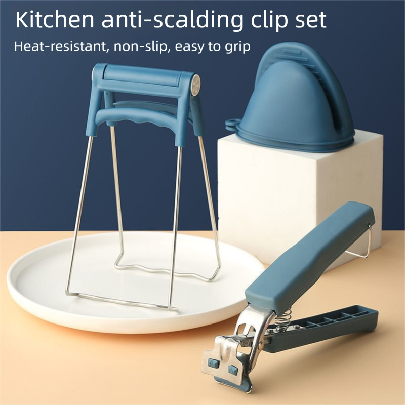 Kitchen Bowl and Plate Lifter Set - 3 Piece Blue Set with Gloves view 4