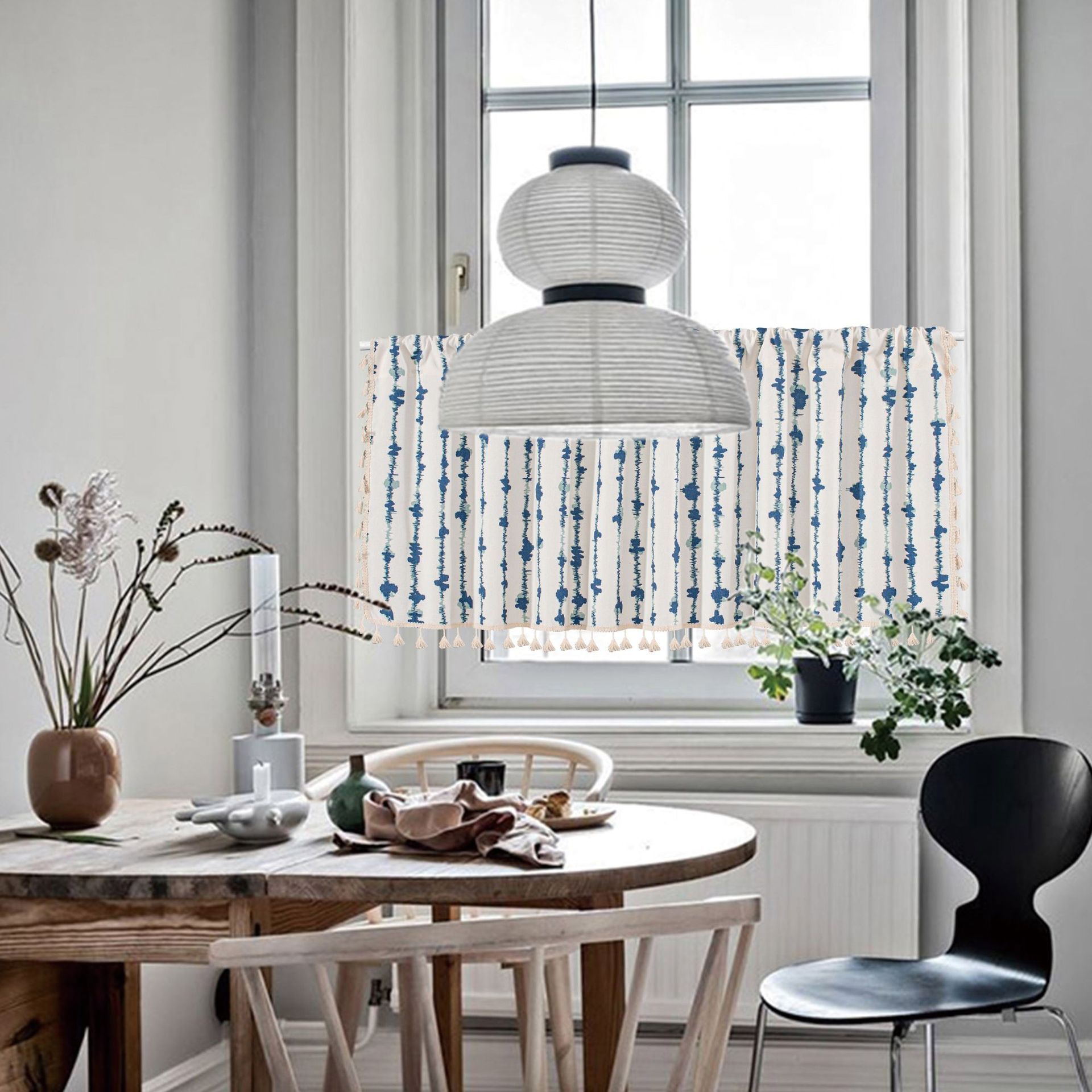 Blue Striped Cafe Curtain - 150 x 45 cm Cotton Linen Half Window Curtain with view 3