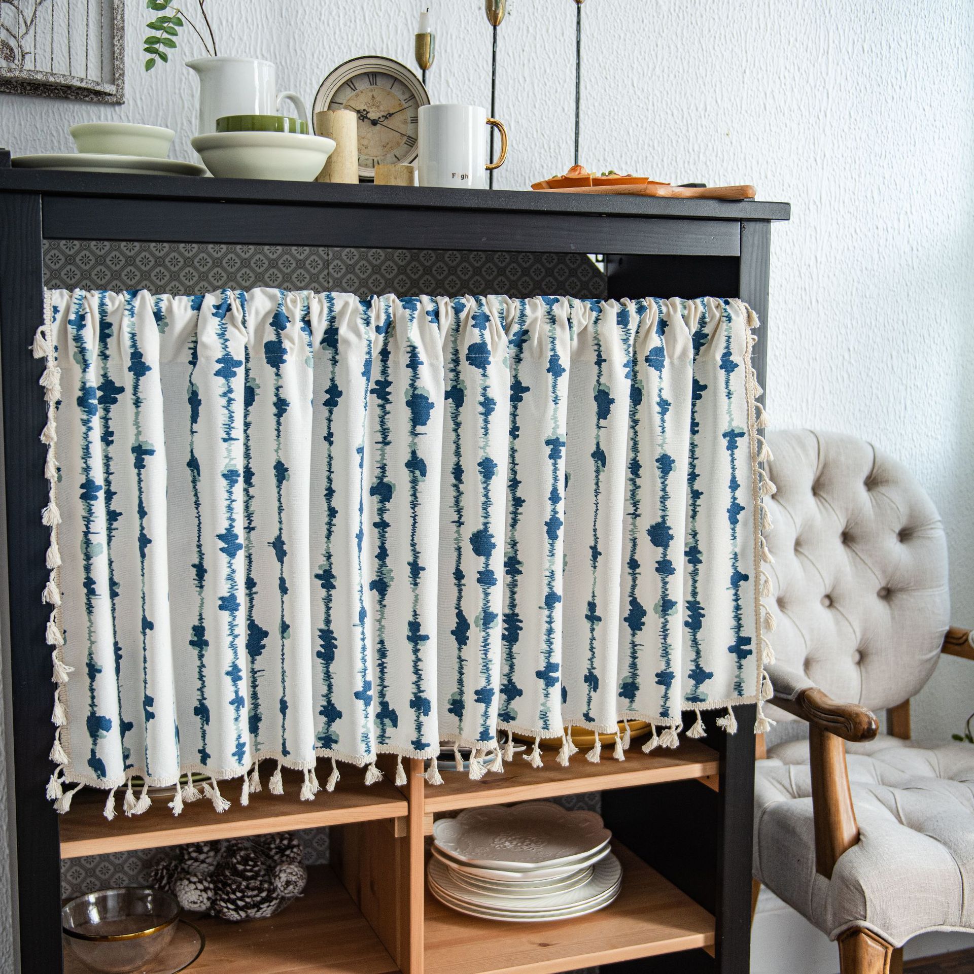 Blue Striped Cafe Curtain - 150 x 60 cm Cotton Linen Half Window Curtain with view 2