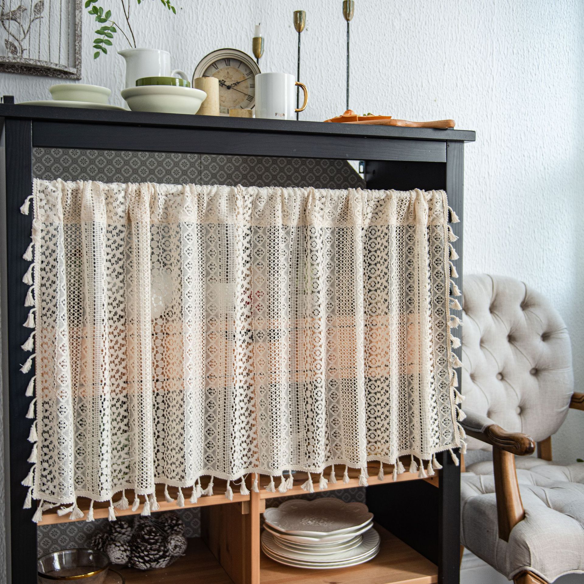 Beige Lace Cafe Curtain - 150 x 45 cm Cotton Linen Half Window Curtain with view 2