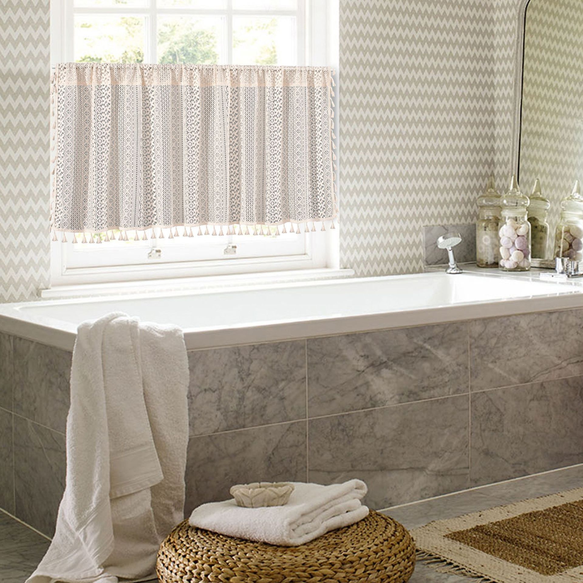 Beige Lace Cafe Curtain - 150 x 45 cm Cotton Linen Half Window Curtain with view 6