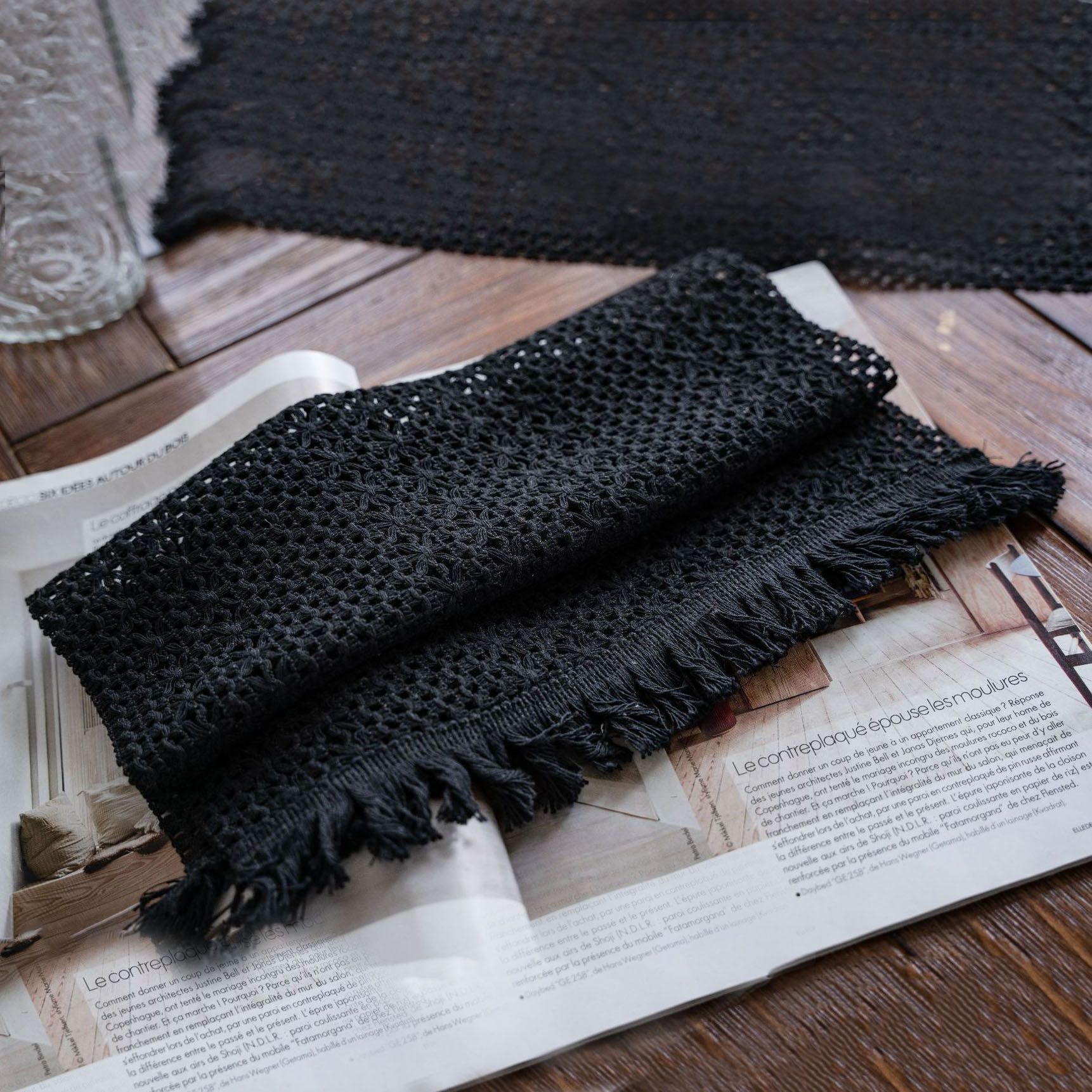 Black Woven Table Runner - 30 x 160 cm Natural Jute and Cotton Rope Table view 4
