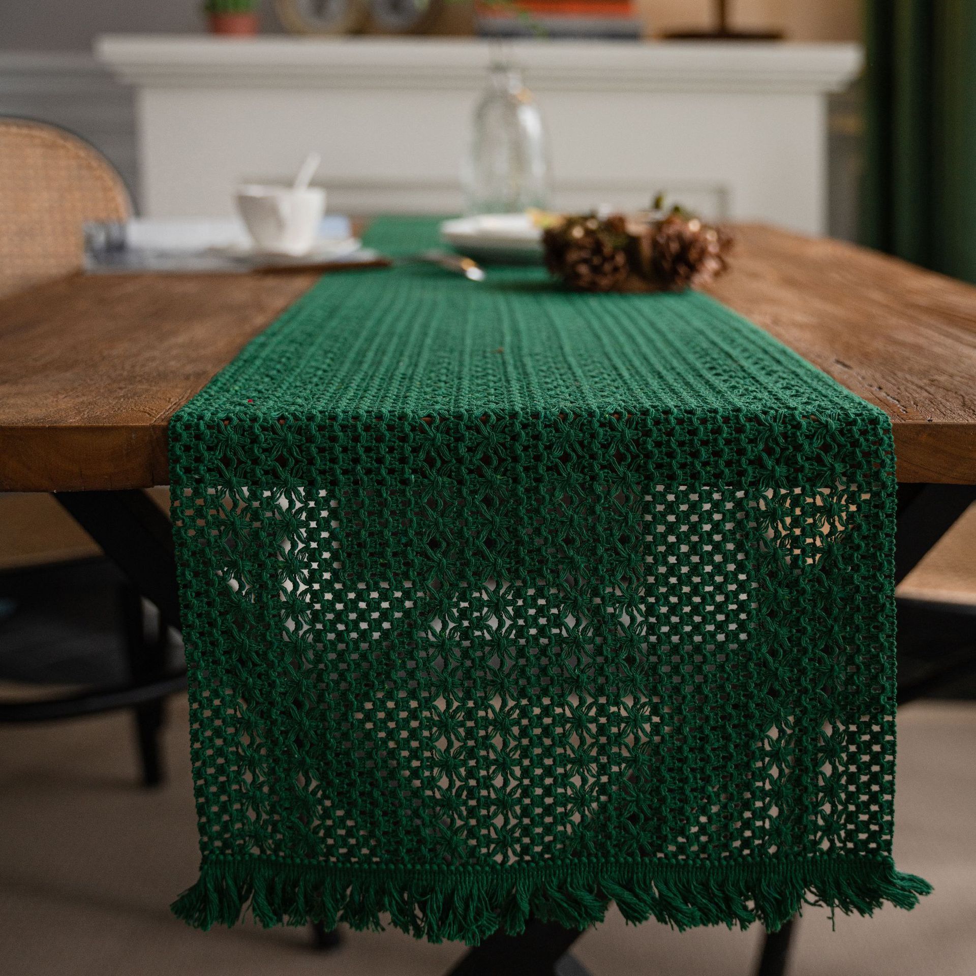 Green Woven Table Runner - 30 x 160 cm Natural Jute and Cotton Rope Table view 4