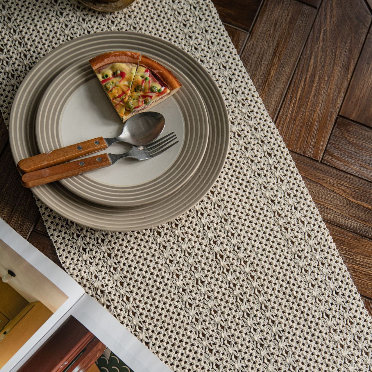 Beige Woven Table Runner - 30 x 160 cm Natural Jute and Cotton Rope Table view 4