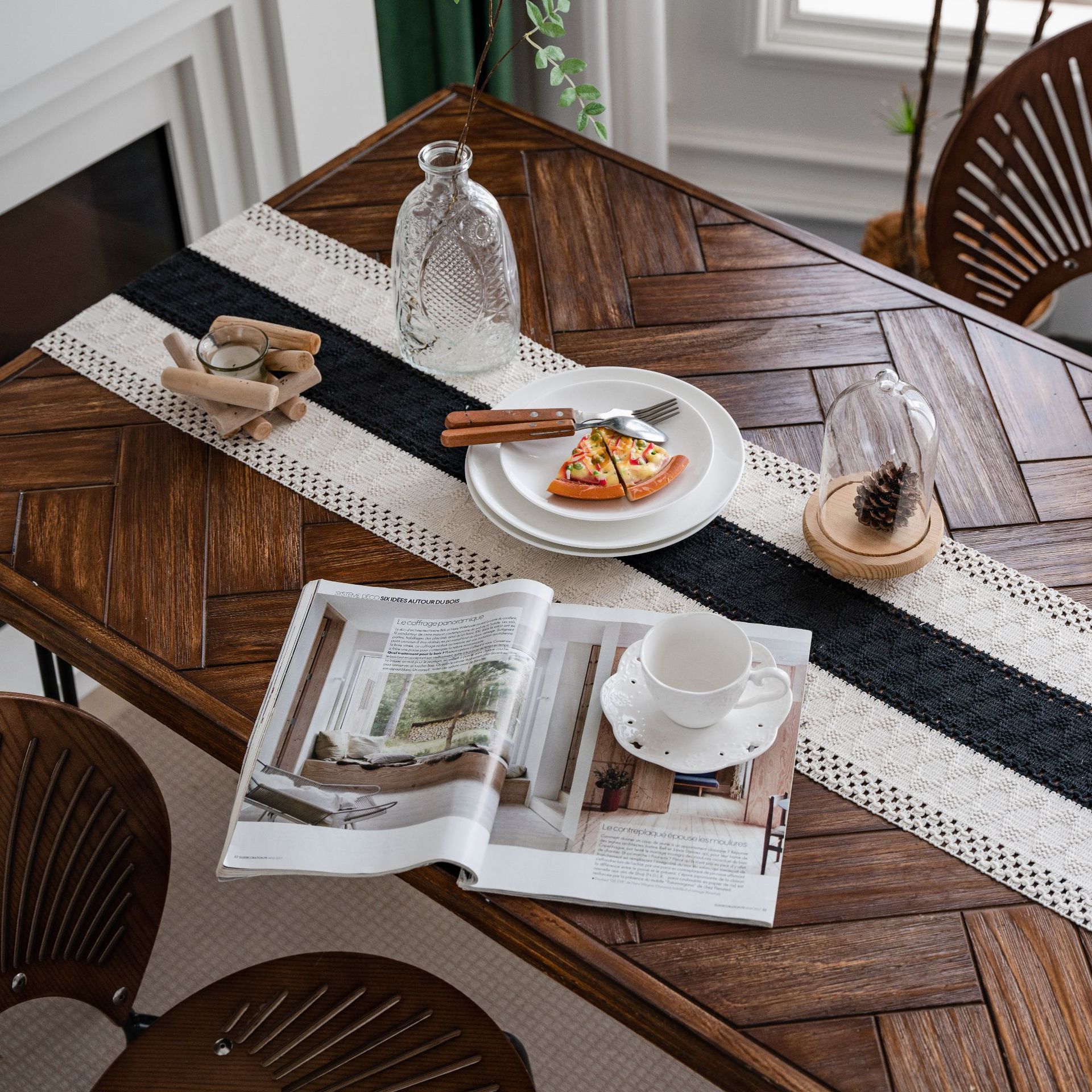Black and White Wide Stripe Woven Table Runner - 30 x 240 cm Cotton Linen view 2