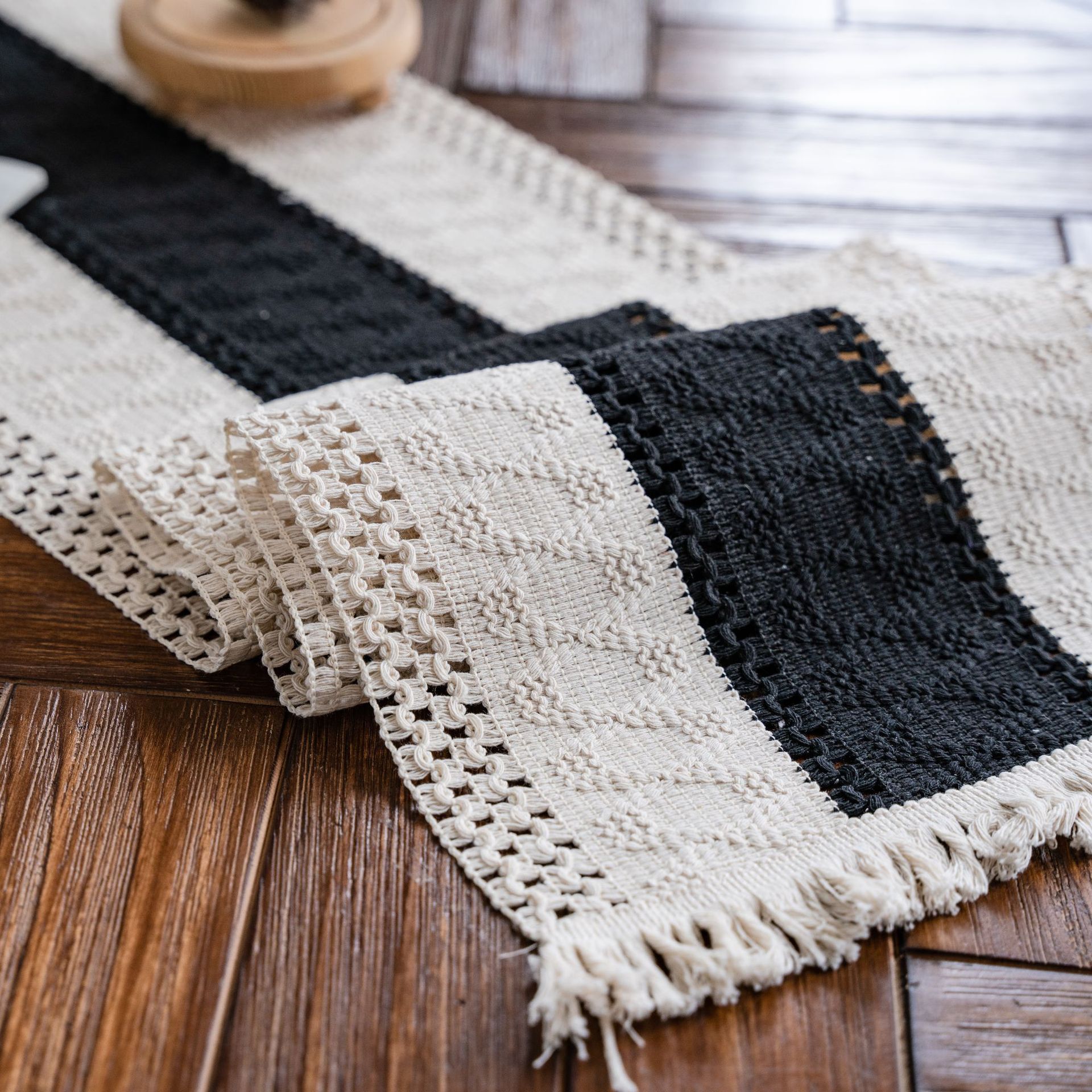 Black and White Wide Stripe Woven Table Runner - 30 x 240 cm Cotton Linen view 4