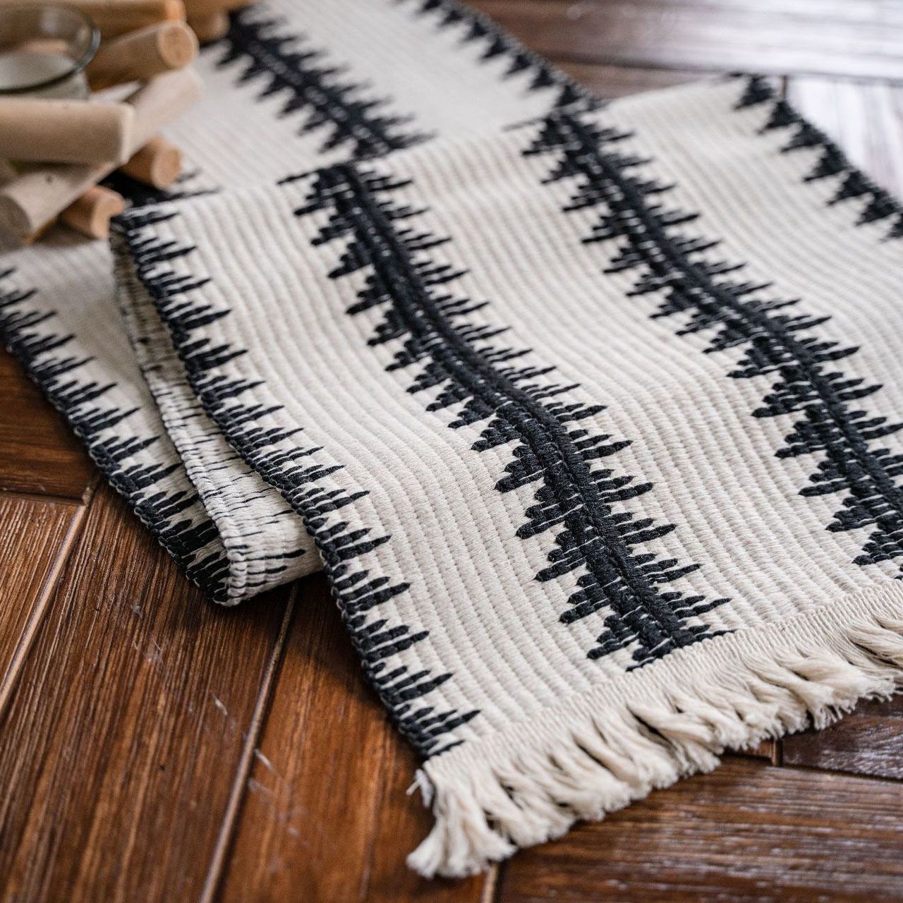 Black and White Narrow Stripe Woven Table Runner - 30 x 240 cm Cotton Linen view 2