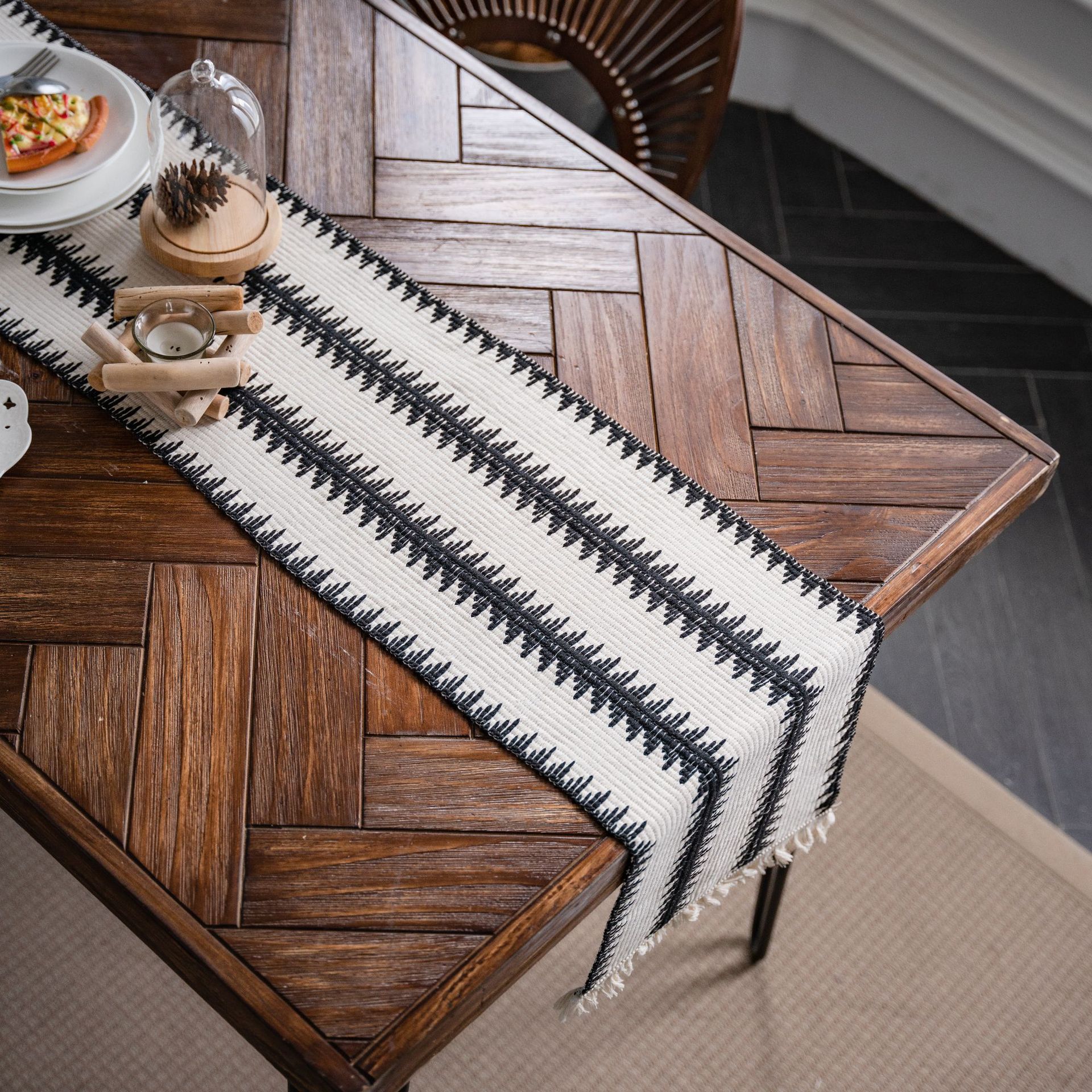 Black and White Narrow Stripe Woven Table Runner - 30 x 240 cm Cotton Linen view 4