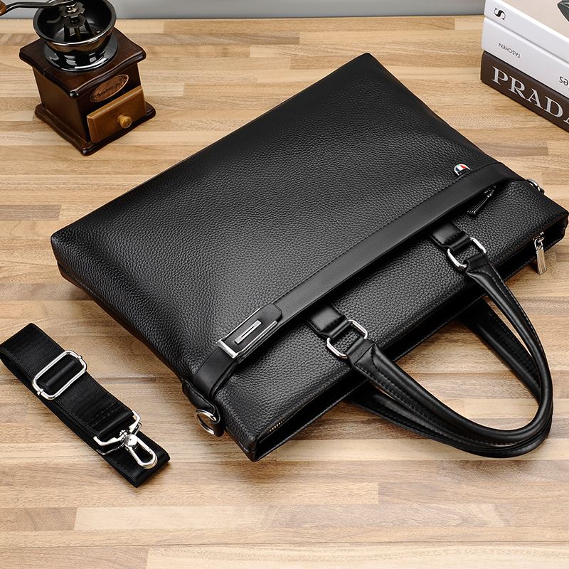 Black Men's PU Leather Briefcase - Waterproof Laptop Messenger Bag with view 2