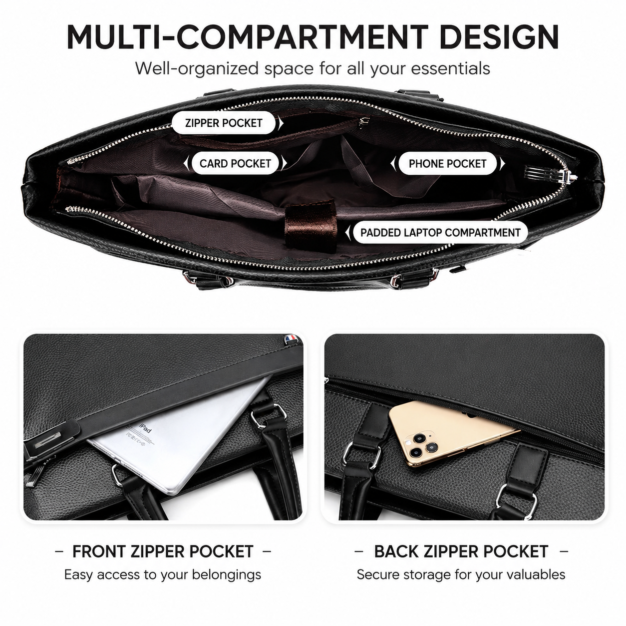 Black Men's PU Leather Briefcase - Waterproof Laptop Messenger Bag with view 6