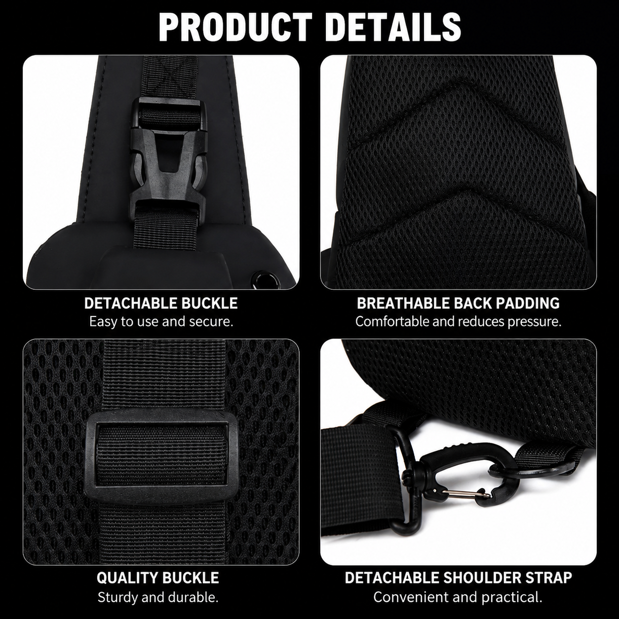 Black Men's Sling Chest Bag - Lightweight Large Capacity Crossbody Shoulder view 6