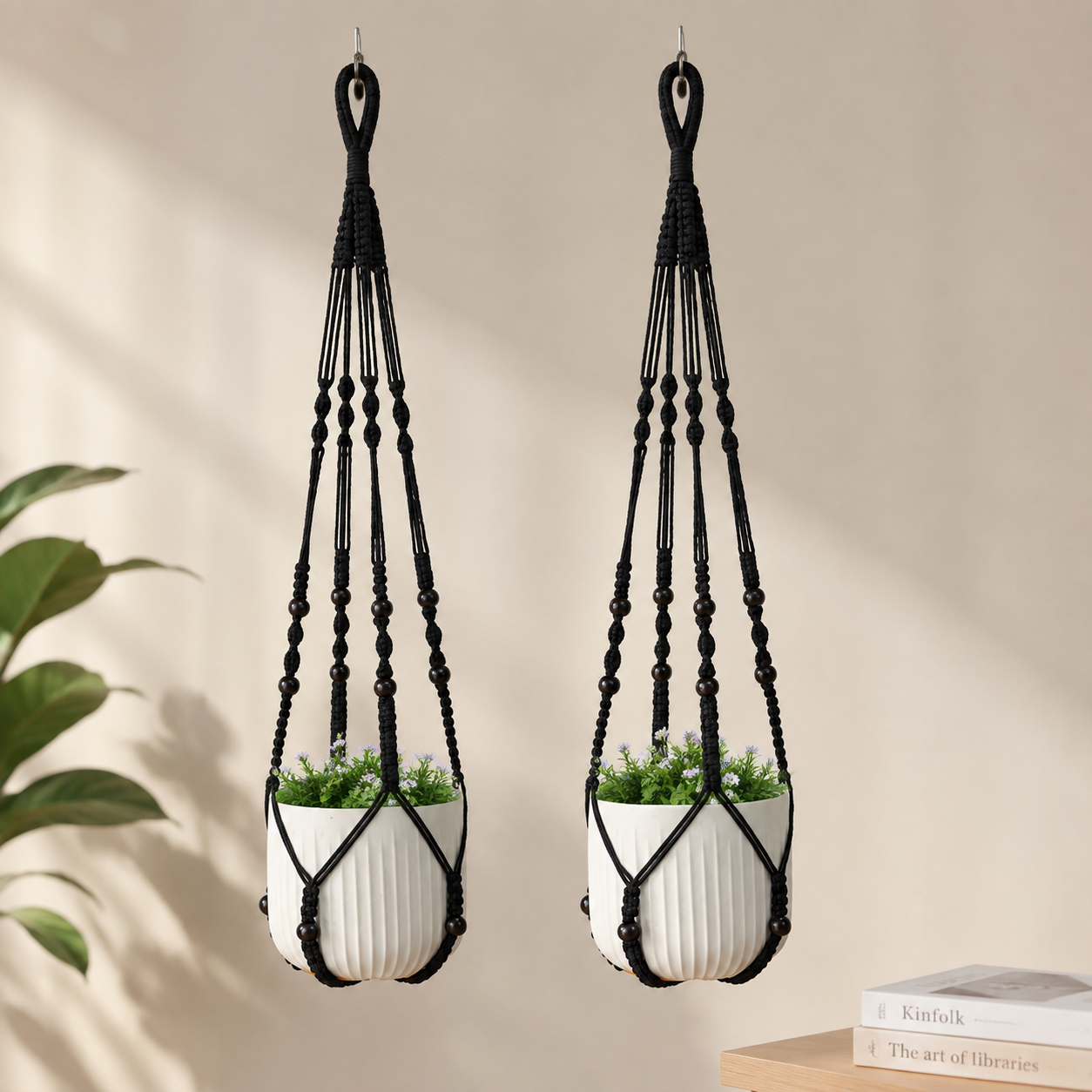 2 Pack Macrame Plant Hanger (Black)- 90cm Cotton Rope Hanging Planter Basket view 2