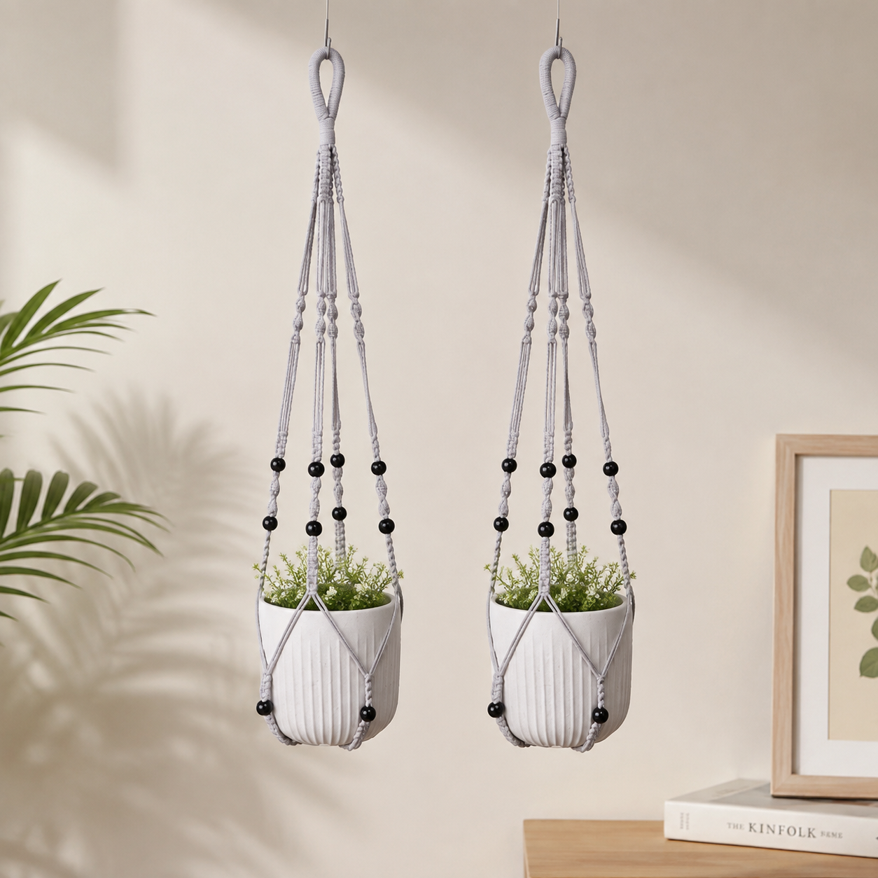 2 Pack Macrame Plant Hanger (Gray)- 90cm Cotton Rope Hanging Planter Basket view 2