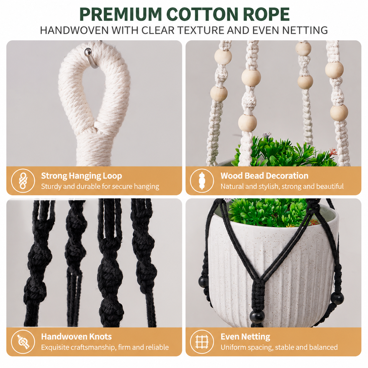 2 Pack Macrame Plant Hanger (Gray)- 90cm Cotton Rope Hanging Planter Basket view 3