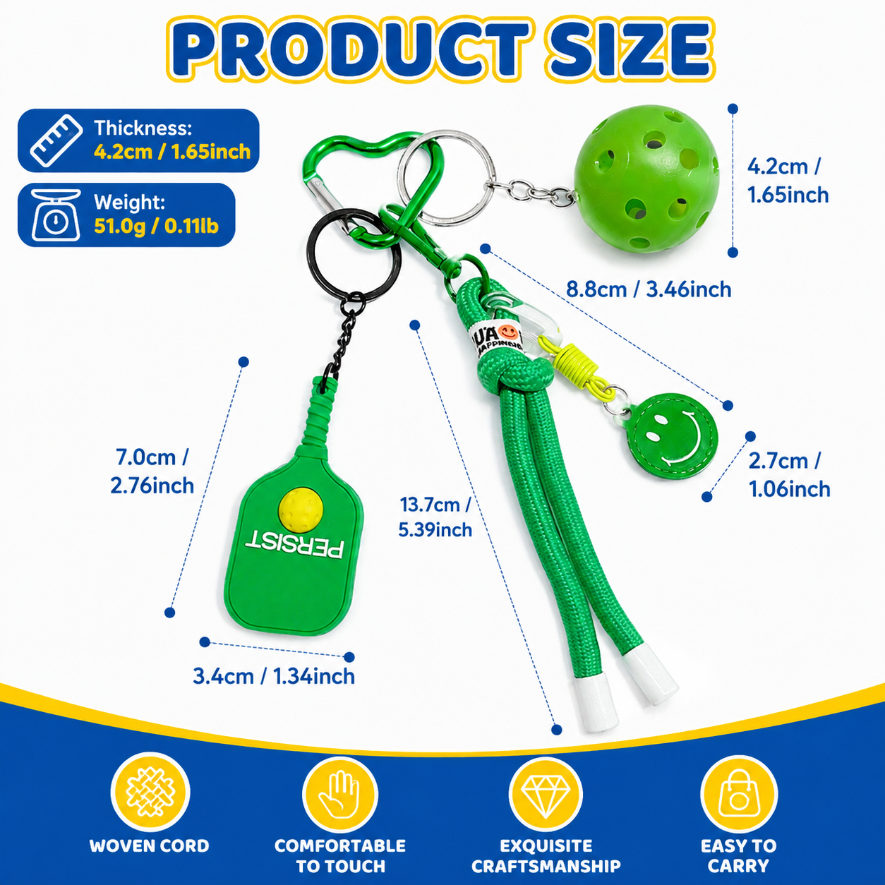 1 Piece Pickleball Keychain Bag Charm - Yellow Sports Pendant with Mini Paddle view 6