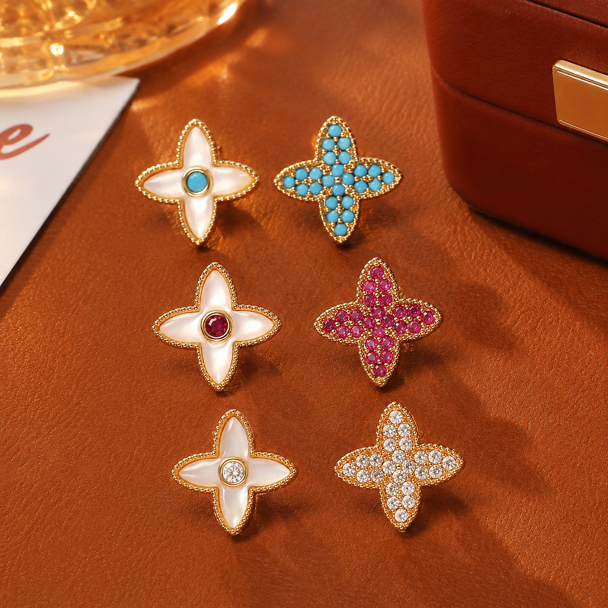 Four Leaf Clover Stud Ear clips - 14mm Gold Tone Mother of Pearl and Turquoise view 2