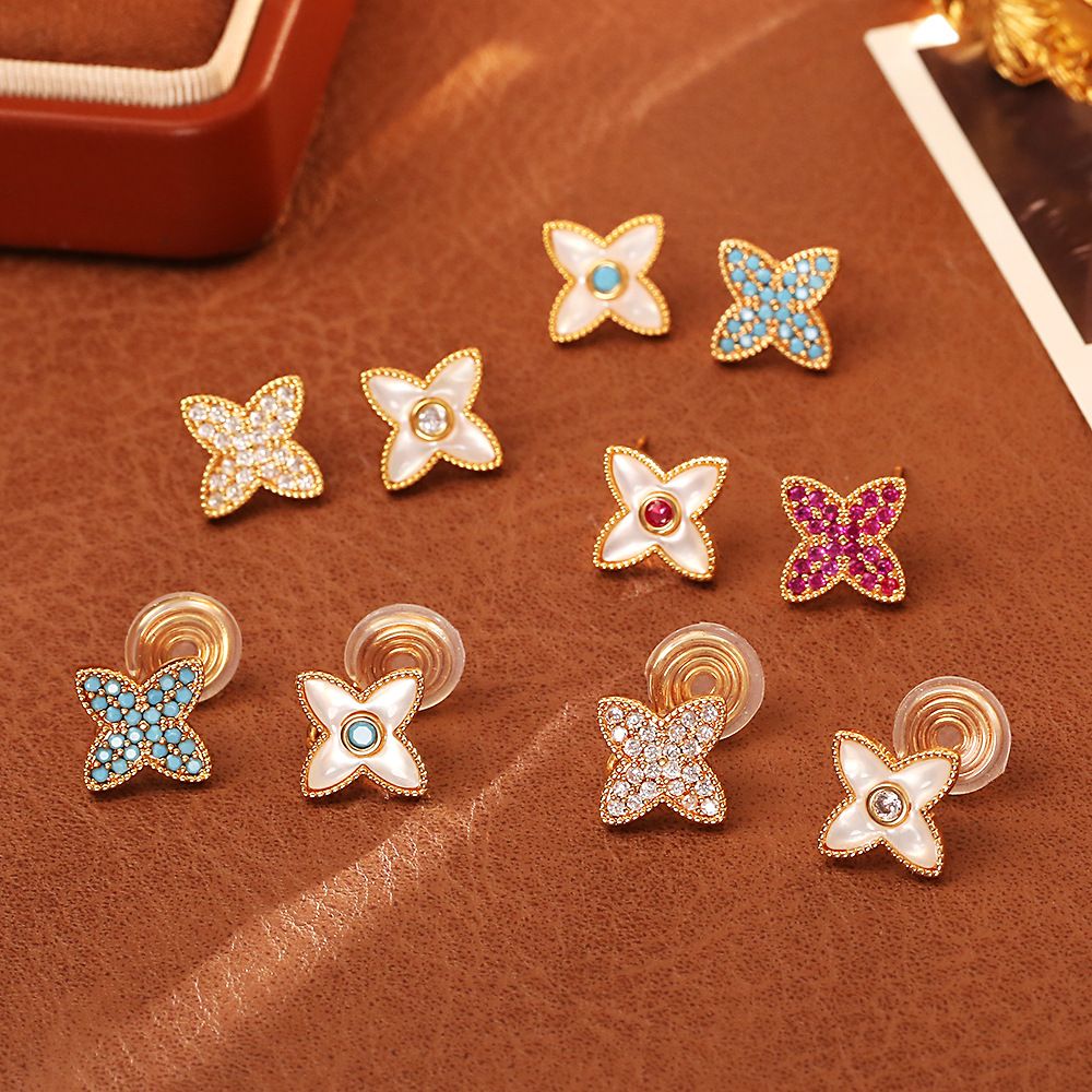 Four Leaf Clover Stud Ear clips - 14mm Gold Tone Mother of Pearl and Turquoise view 5