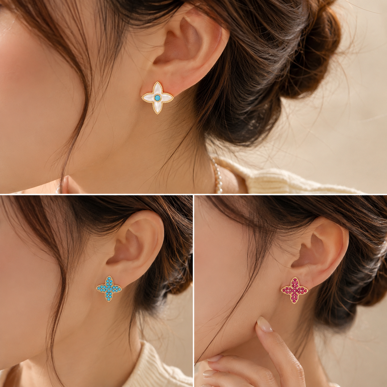 Four Leaf Clover Stud Ear clips - 14mm Gold Tone Red Mother of Pearl and Red view 3