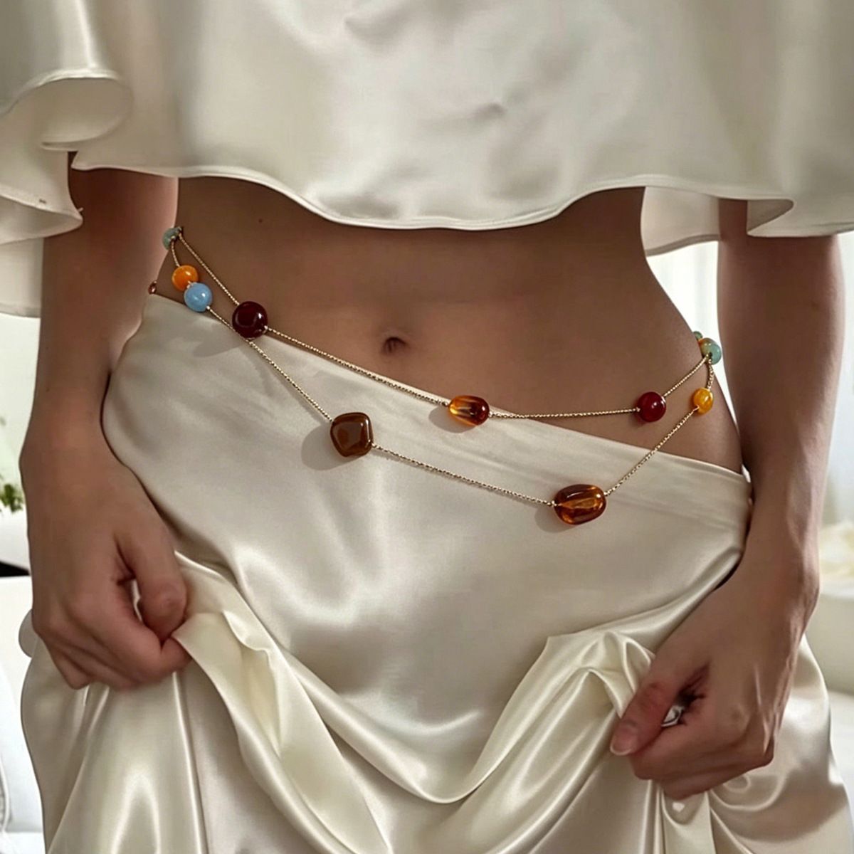 Double Layer Beaded Waist Chain - Multi-Color Resin Stone Body Chain with view 4