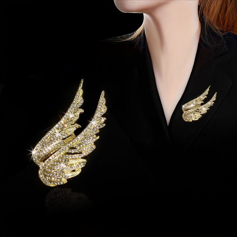 Gold Crystal Wing Brooch for Women - Full Rhinestone Double Feather Pin view 2